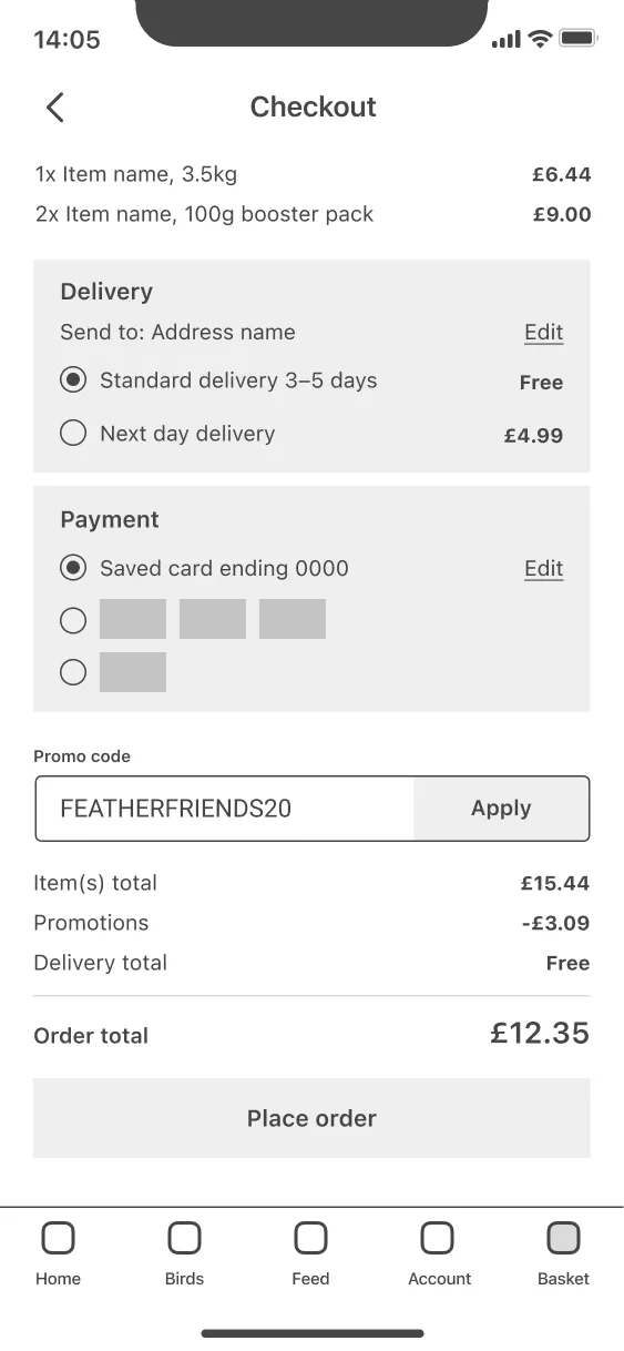 low fidelity prototype screen showing checkout options like delivery and payment details