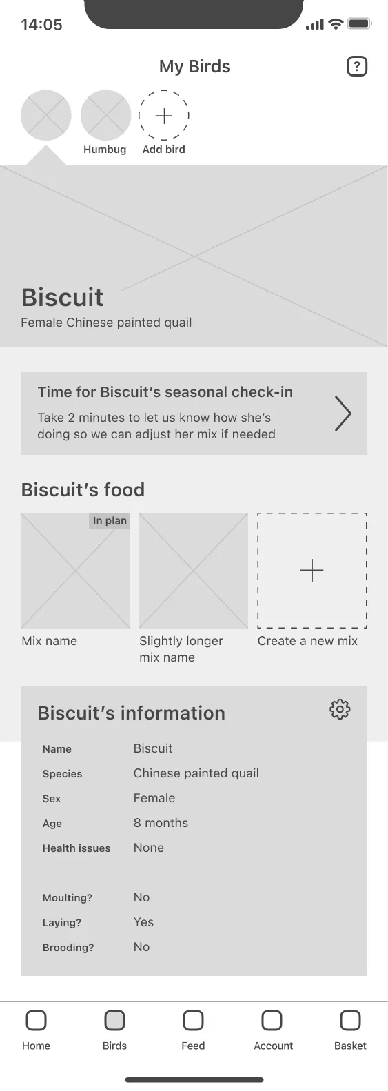 digital wireframe showing a bird profile screen with large image, alert about updating, their feeds and general info