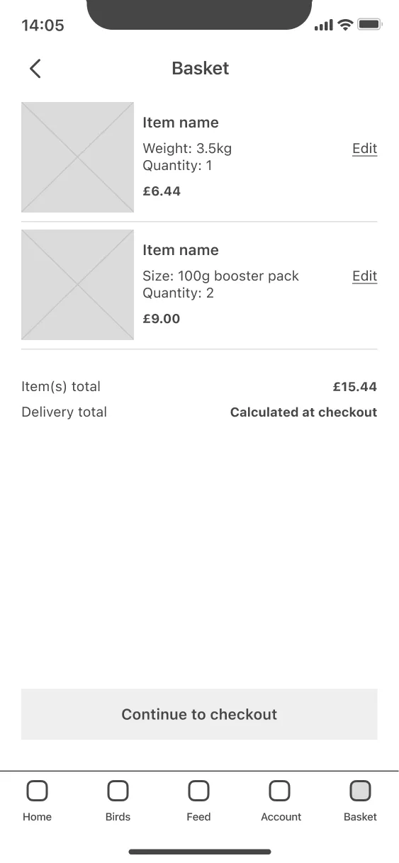 low fidelity prototype screen showing a basket with items