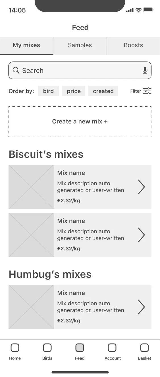 low fidelity prototype screen showing cards for created feed mixes with a large create a new mix button at the top