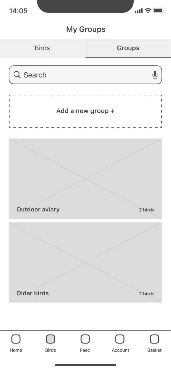 low fidelity prototype screen showing cards for groups of birds with a large add a new group button at the top